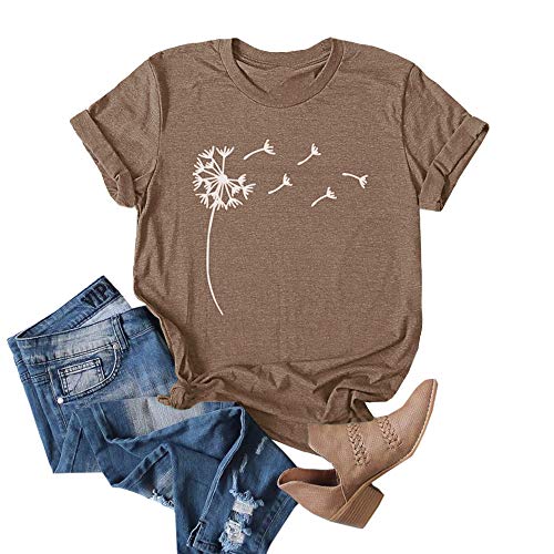 Cicy Bell Women's Dandelion Print T Shirts Cute Graphic Tees Short Sleeve Summer Cotton Tee Tops Brown
