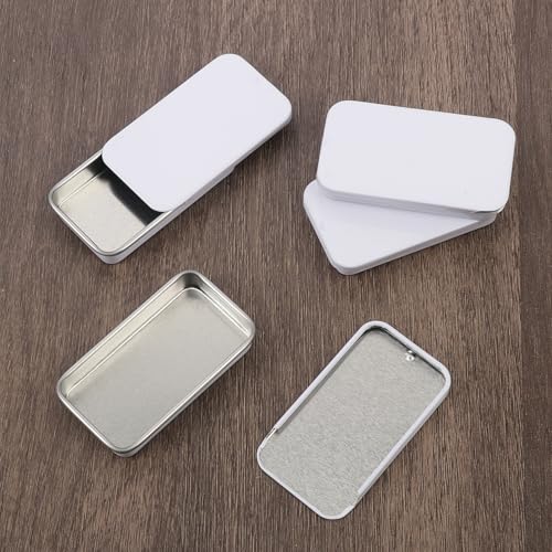 Image of Biugaaufai 60 Pack White Mini Rectangular Metal Tins Boxes with Sliding lids, Small Empty Slide Top Metal Tin, Lip Balm Slide Tins with Lid for Crafts, Jewelry, Candies (2.36 x 1.34 x 0.43 Inch)
