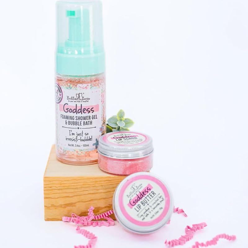 Bella & Bear Goddess Mini Conjunto-presente para banho e corpo com gel de banho 2 em 1, esfoliante labial e manteiga labial