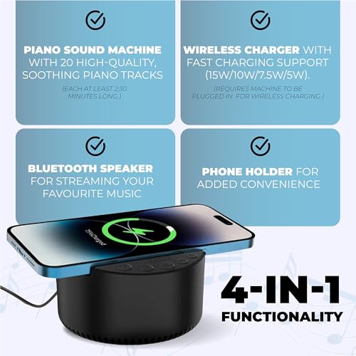N3cessity Piano Sound Machine with 20 Soothing Piano Sounds, Bluetooth Speaker and Wireless Charger with Memory Function, Sleep Timer Baby Kids Adults Pets Sound Therapy for Home Office Travel - Image 3