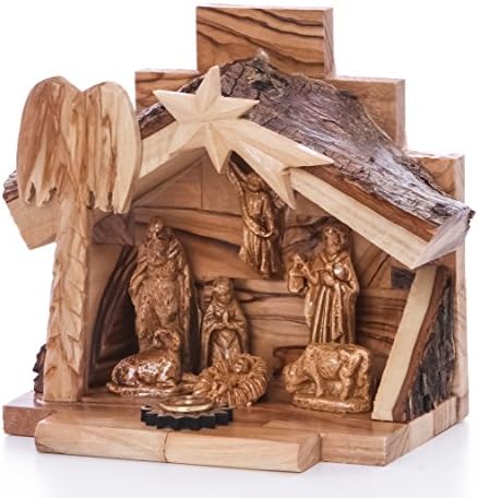 Zuluf Small Hand Carved Nativity Set Scene with Bark Roof Made in Bethlehem | Comes with Holy Land Olive Wood Certificate | 4.7 Inches | NAT022 12x12x8.7cm