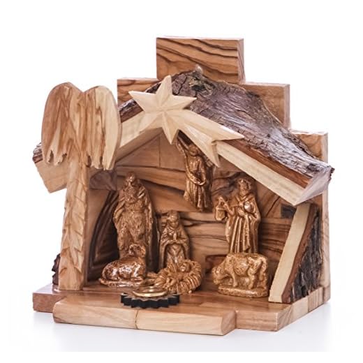 Zuluf Small Hand Carved Nativity Set Scene with Bark Roof Made in Bethlehem | Comes with Holy Land Olive Wood Certificate | 4.7 Inches | NAT022 12x12x8.7cm