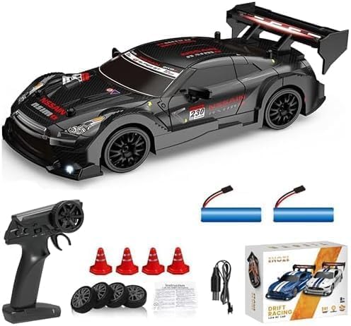 Image of Royal Cellar RC Drift Car 1:24 Scale 4WD | 20KM /H High-Speed Remote Control Car with LED Lights | 2.4GHz Rechargeable Drift Racing Car with Extra Tires & Cones | Gift Boys & Girls (GTR)