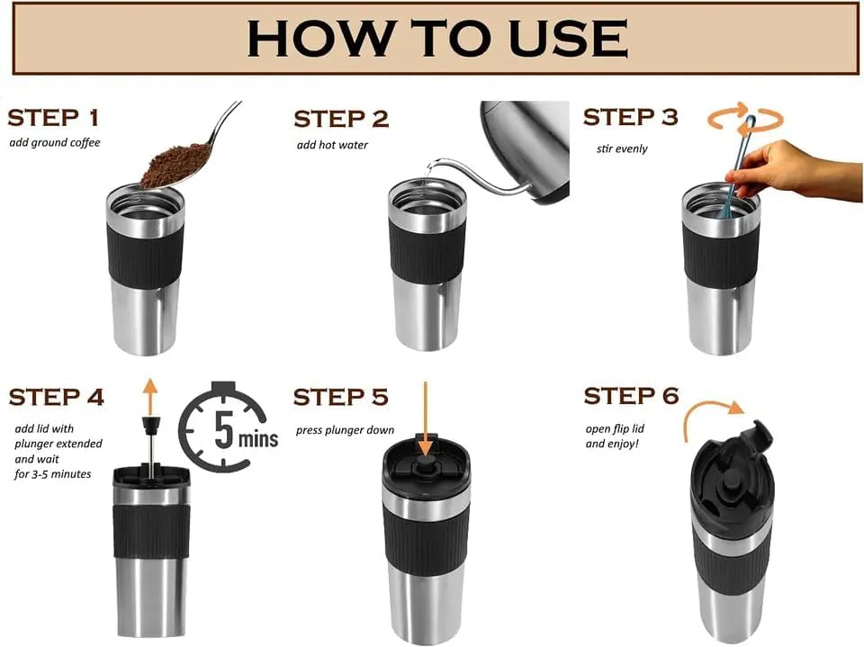 Miniatura 9 de Cafetera portátil, prensa francesa, taza aislada con doble pared de acero inoxidable, 16oz,. vaso, prensa francesa, taza de café portátil, cafetera,