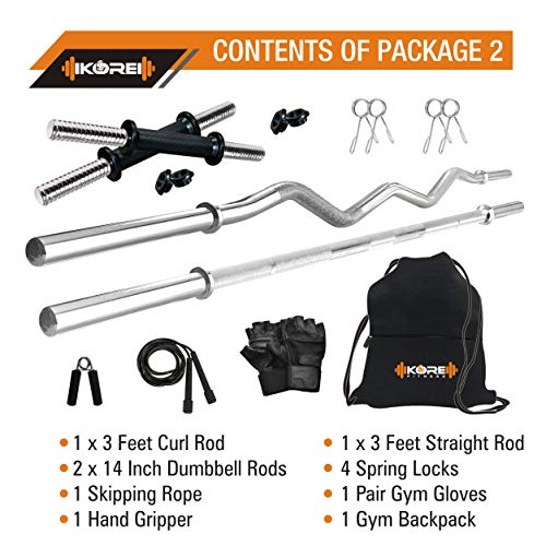 Image of Kore PVC 40 Kg Home Gym Set with One 3 Ft Curl + One 3 Ft Plain Rod and One Pair Dumbbell Rods with Gym Accessories