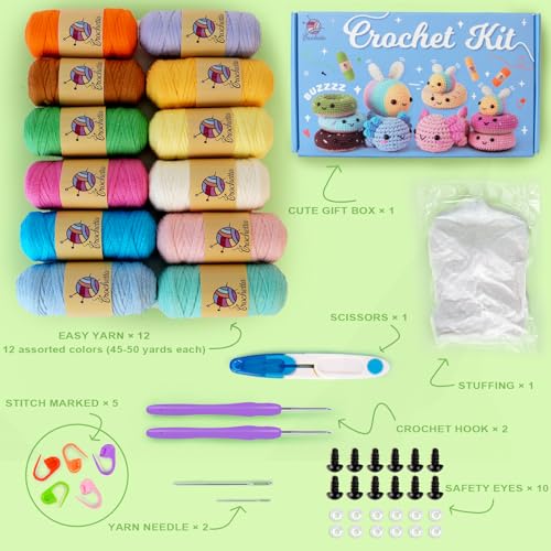 Image of Crochetta Crochet Kit for Beginners Adults - Complete Starter Set with Crochet Hooks, Scissors, Stitch Markers + 12-Colored Yarn 45-50 Yards (20g) per Color