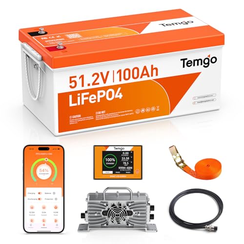 TEMGO 48V (51.2V) 100Ah LiFePO4 Lithium Golf Cart Battery, Complete Upgrade Kit with Charger, LCD Display & App, Built-in 200A BMS, Max 7.68kW Power Output