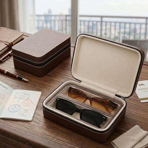 Image of ROSELLE Eyewear Travel Case for women men, Luxury leather 2 /3-Slot Eyeglasses Storage Box for Multiple Glasses and Sunglasses