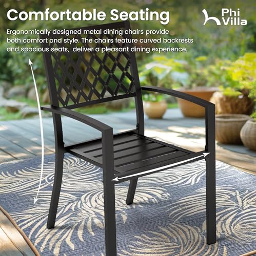 Image of PHI VILLA 7 Pcs Patio Dining Set for 6, Rectangular Metal Table | 60 inchBlack Metal Table with Umbrella Hole&Wrought Iron Chairs, Patio Furniture Set for Patio, Deck, Porch, Backyard