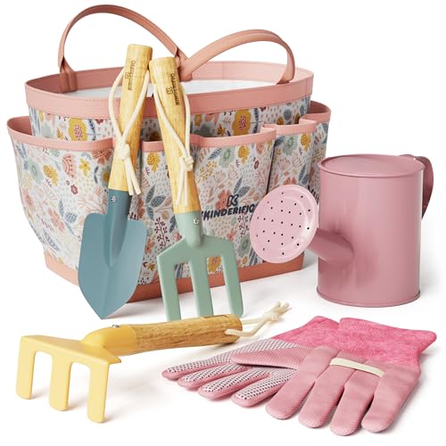 Gardening Set, Tool Kit, for Kids, STEM, Includes Tote Bag, Spade, Watering Can, Rake, Fork, Trowel and Gloves (Petal)