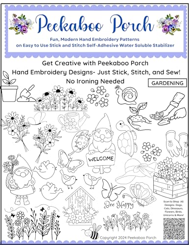 Image of Garden Flowers Gnome Ready-to-Use Fun Modern Embroidery Design Transfers on Stick and Stitch Water Soluble Sewing Stabilizer Paper for Hand Embroidery Kit Thread Art Projects