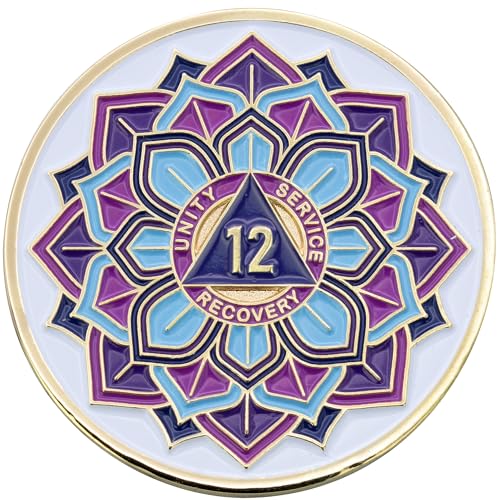 12 Year AA Coin - Sobriety Mint \'in Bloom\' Lotus Flower Recovery Medallion/Chip - White/Gold