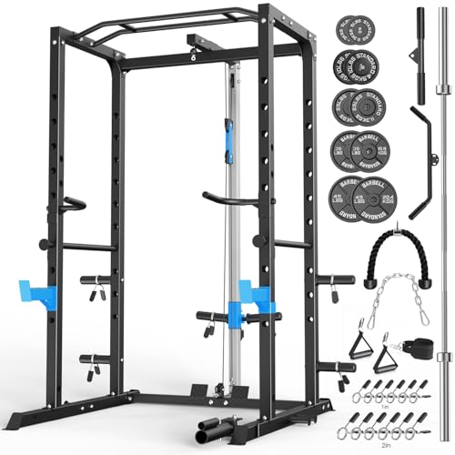 Image of ULTRA FUEGO Power Cage, Multi-Functional Power Rack with J-Hooks, Dip Handles, Landmine Attachment and Optional Cable Pulley System for Home Gym