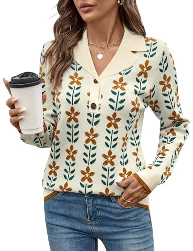 Image of LOMON Sweaters for Women 2025 Fall Knitted V-Neck Collared Button Pullover Dressy Casual Long Sleeve Polo Shirts Business