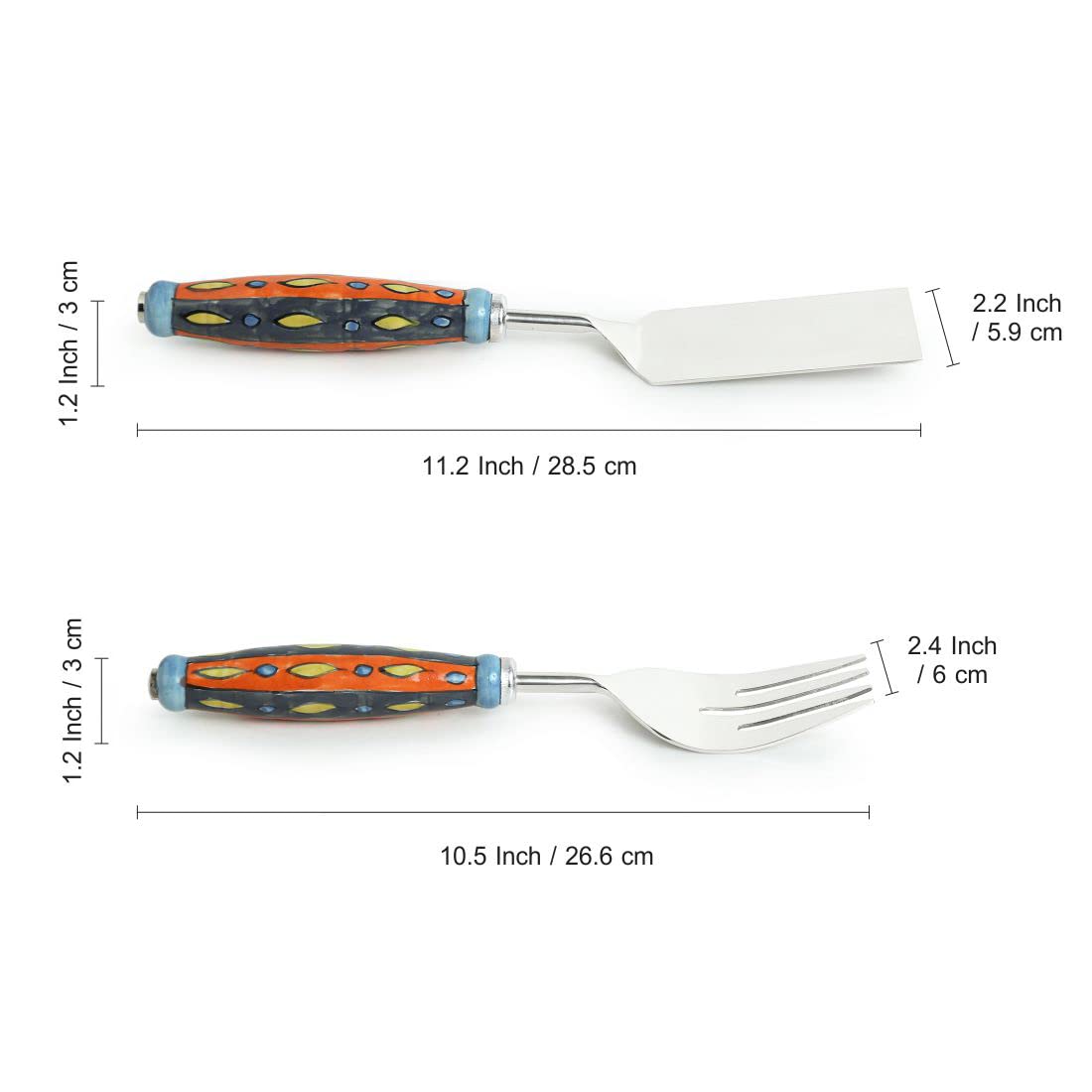 ExclusiveLane "The Mughal Aakar" Hand-Painted Serving Fork & Scraper in Stainless Steel & Ceramic (Set of 2) - Cake Cutter Slicer Salad Servers Fork Serveware Dinning Table Accessories Kitchen Tools 3