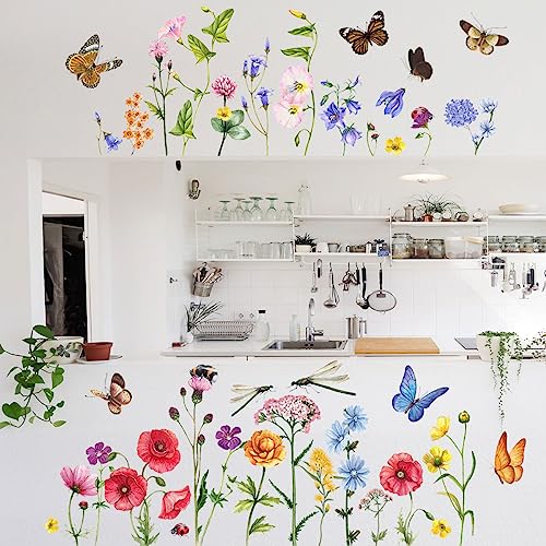 Timelesslong Large Flowers Wall Stickers for Living Room Bedroom Vinyl Dragonflies Wall Decals Removable Wildflower Wall Murals Peel and Stick Floral Wall Decor Art Wallpaper for Adult Room Office - Image 3