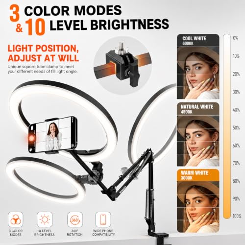 Image of BROLAVIYA No Shadow Overhead Video Mobile Stand with Extra Long Metal Arm,12inch Large Selfie Ring Light, 2 Way Base clamp 1 /4 inch Adaptor for Camera, GoPro and Mobile Bracket