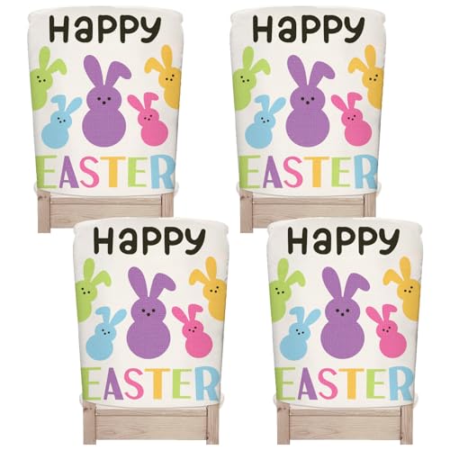 Whaline 4Pcs Happy Easter Chair Covers Cute Cartoon Bunny Pattern Seat Cover Washable Colorful Rabbit Dinning Chair Slipcovers Protector for Spring Holiday Home Kitchen Decor