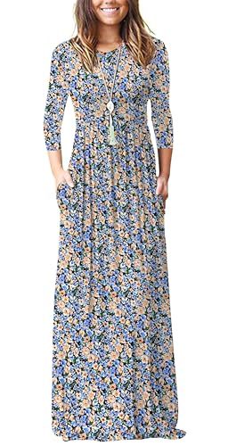 Image of WNEEDU Women's 3 /4 Sleeve Casual Loose Long Maxi Dresses with Pocket | Empire Elastic Waist, Crewneck, Floor Length, Soft Stretchy Flowy, Formal Dress, Wedding Wear, Solid Color and Prints