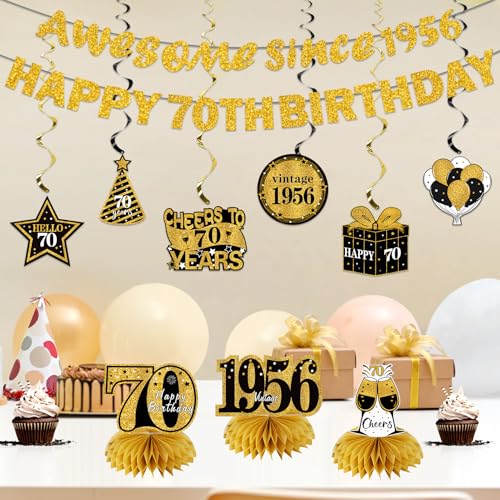 Image of Kuxriox 11Pcs 70th Birthday Decorations Kit for Men Women, Black Gold Happy 70th Birthday Banner, Awesome Since 1956 Centerpieces Swirls Party Supplies, Seventy Bday Banner Ceiling Table Topper Sign