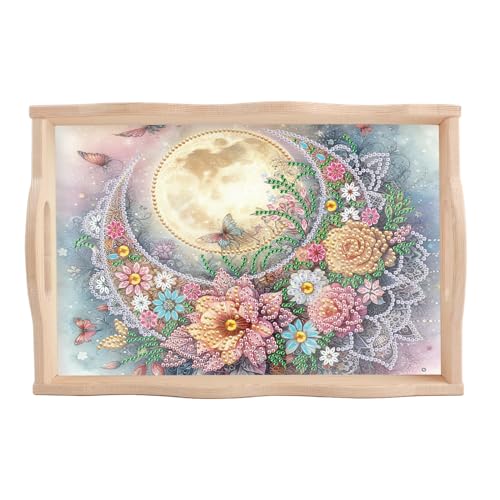 Image of AiYuanzsh Moon Diamond Art Tray with Handle, 5D Diamond Painting Tray DIY Plate Kit for Adults, Decorative Diamond Art Serving Tray for Home Organizer