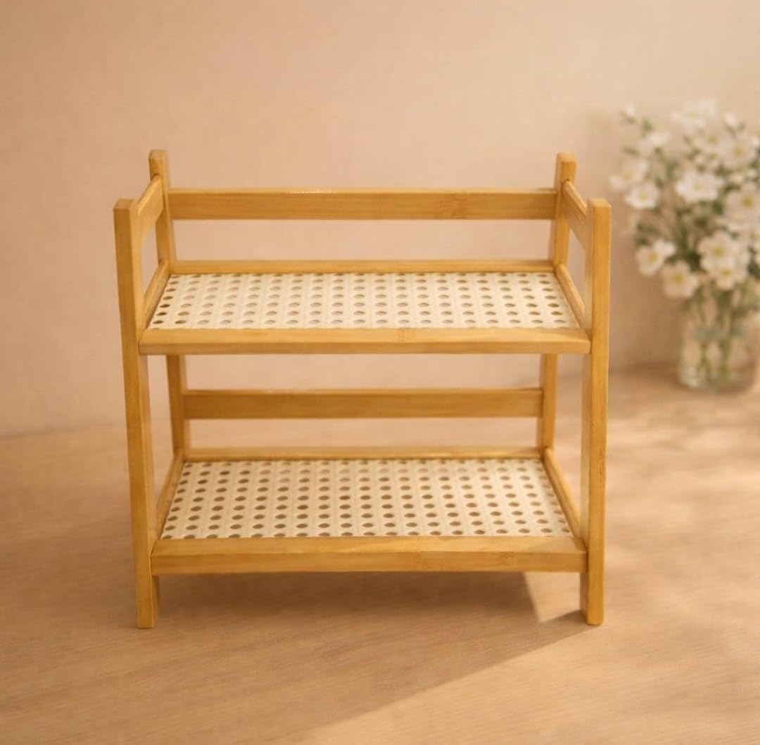 2 Tier Bamboo Storage Shelf with Plastic Woven Shelves | Kitchen Counter Organizer Rack for Spice Jars, Seasonings, Bathroom Accessories, Cosmetics & Home Organization-image-34