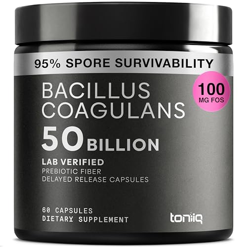 Toniiq Bacillus Coagulans Probiotic Supplement Ultra High Strength 50 Billion CFU with FOS Prebiotic Spore-Based Probiotic for Exceptional Stability Third-Party Tested 60 Capsules