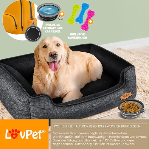 Lovpet® Hundebett Hundekissen Hundekorb Chiller, Inkl. Napf + 3X Kauknochen, Hundesofa Kissen für Kleine, Mittelgroße & Große Hunde, Bezug abnehmbar und waschbar, L 90 x 75 x 25 cm Anthrazit
