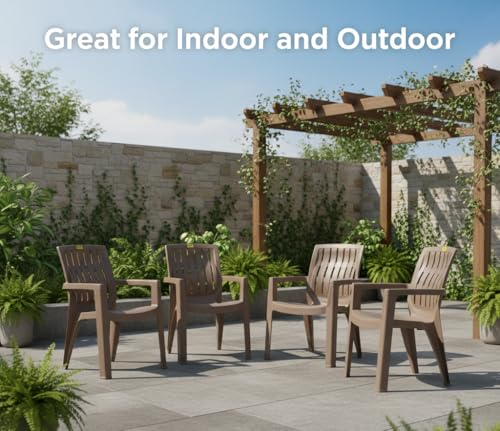 Image of Patiofy Plastic Chair Set of 4 for Home & Outdoor Use | Heavy Duty Comfortable Chair with Strong Legs | Stackable, Easy to Clean | Suitable for Living Room, Balcony (Pack of 4-Spino | Choco Cream)