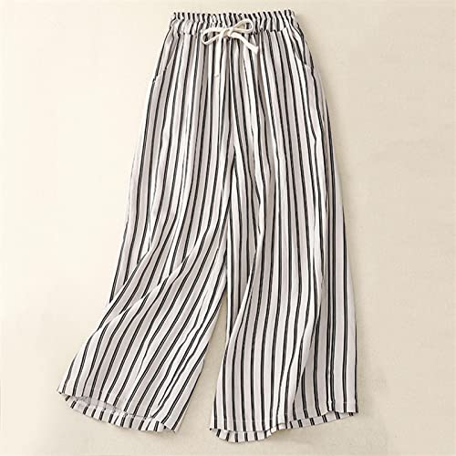 Women Cotton Linen Pants Wide Leg Striped Plus Size Pant High Waist Loose Comfy Trousers Casual Summer Fall Sweatpant3
