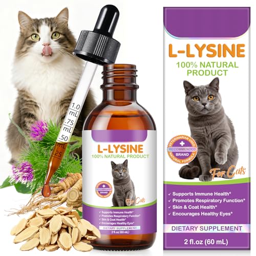 Cat L-Lysine Supplement for Immune & Respiratory Support 60ml, Support for Sneezing, Runny Nose & Eye Function, L-lysine Drops Roast Chicken Flavor.