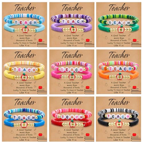 COLOYAN 18PCS Teacher Appreciation Gifts for Women Men, Teacher Gifts Wooden Beaded Bracelet elastic Clay Bracelet, Birthday Christmas Thanksgiving Thank You Gifts for Teachers