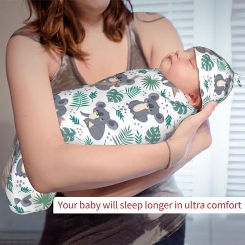 Image of Lcokin Cute Koala Baby Stuff Swaddle Blanket Hat Set for Boys Girls, Soft Newborn Sleeping Sack Receiving Blanket Shower Gift