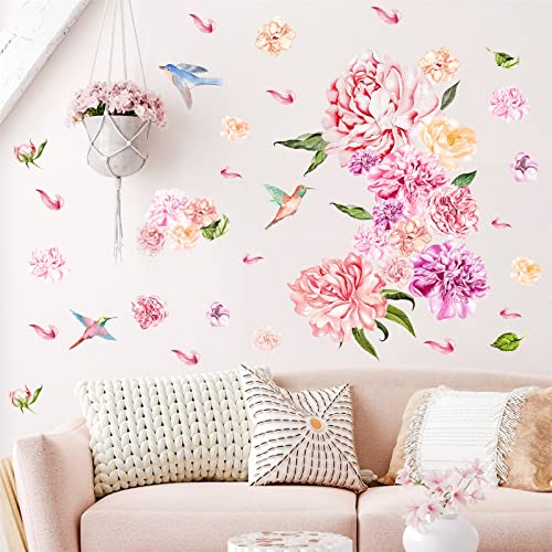Colorful Floral Wall Decals Large Peony Flower Wall Stickers Peel And Stick Spring Pink Flowers Wall Decals Watercolor Birds Floral Flower Wall Stickers For Girls Room Bedroom Nursery Decor #TOP17