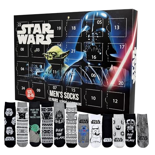 United Labels Star Wars Adventskalender mit 12 Paar Socken für Herren, Größe 40-45, Kalender mit Sneaker und langen Socken, Weihnachtskalender Geschenk