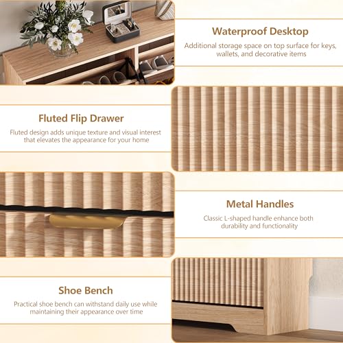 Image of HUANLEGO Shoe Cabinet Storage for Entryway with 6 Flip Drawers, Oak Fluted Shoe Cabinet with Adjustable Shelves, Wooden Hidden Shoe Rack Freestanding Narrow Slim Shoes Storage for Hallway, Entrance