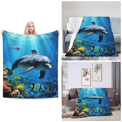 Couverture salon motif animaux marins et dauphins plaid double face