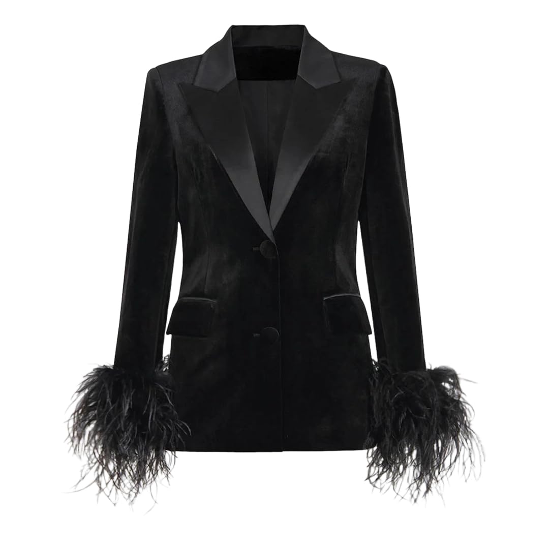 Womens Slim Velour Blazer Feather Patchwork Long Sleeve Single Breasted Spring Fall Suit Jacket