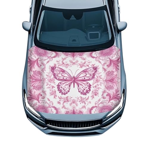 Image of Hood Stretchable Car Hood Protector,Decoration Easy to Clean Print Stylish Car Hood Cover Easy Installation Pink Butterfly Print