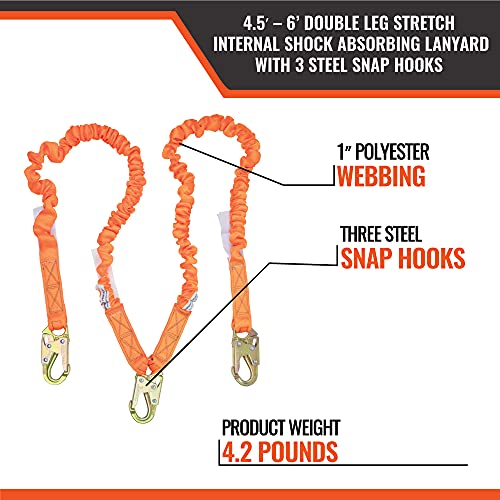 Image of Malta Dynamics 4.5' to 6' Double Leg Stretch Internal Shock Absorbing Lanyard with 3 Steel Snap Hooks, Lightweight and Durable, OSHA and ANSI Compliant