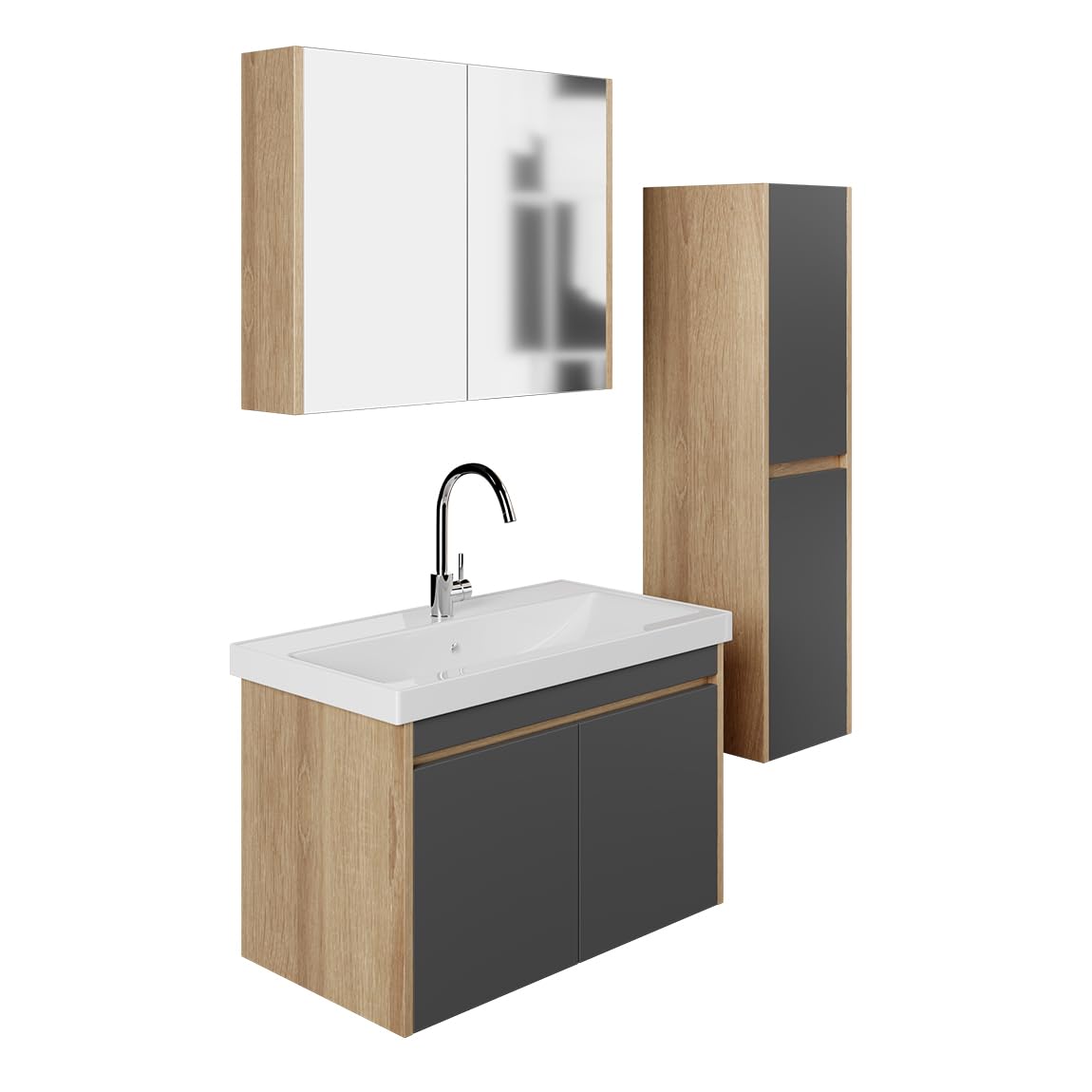 Karen Ensemble Meuble Salle de Bain 80 cm Dallas – Set 4 pièces en chêne & Anthracite, Meuble sous-Vasque Suspendu avec lavabo, Armoire Miroir et Colonne de Rangement