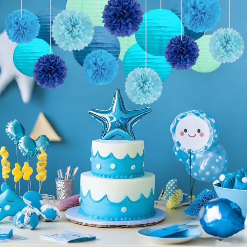 Image of 18 PCS Blue Paper Lanterns & Tissue Paper Pom Poms for Boys Birthday, Baby Shower, Wedding, Bridal Shower, Hanging Paper Decor for Indoor Outdoor Events Theme Party Supplies