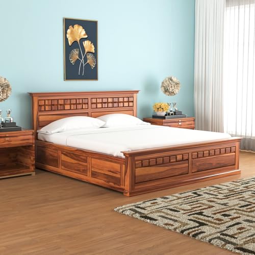 Image of Sheesham Wood King Size Bed with Storage Box | Wooden Box Bed King Size Double Cot Bed with Storage for Bedroom | Chocolate Dalla Design Headboard Bed for Hotel, Home | Honey Finish
