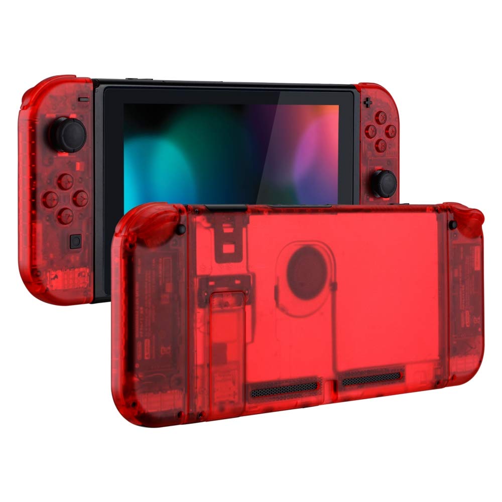 eXtremeRate Transparent Clear Red Back Plate for Nintendo Switch Console, NS Joy con Handheld Controller Housing with Full Set Buttons, DIY Replacement Shell for Nintendo Switch