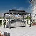 PURPLE LEAF 6.5' X 12' Hardtop Grill Gazebo for Patio Aluminum Barbeque Canopy with 24 Clear Light Bulbs and Shelves Double Tiered Grey Outdoor BBQ Gazebo