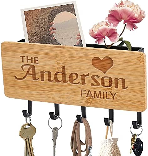 Personalised Engraved Key Holder for Wall, Wall Mounted Key and Letter Holder, Small Bamboo Key Racks Organizer for Wall, Key Hooks Wall Mounted for Entryway, Hallway, Kitchen, Office Letter (Family)