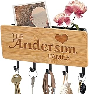 Personalised Engraved Key Holder for Wall, Wall Mounted Key and Letter Holder, Small Bamboo Key Racks Organizer for Wall, Key Hooks Wall Mounted for Entryway, Hallway, Kitchen, Office Letter (Family)