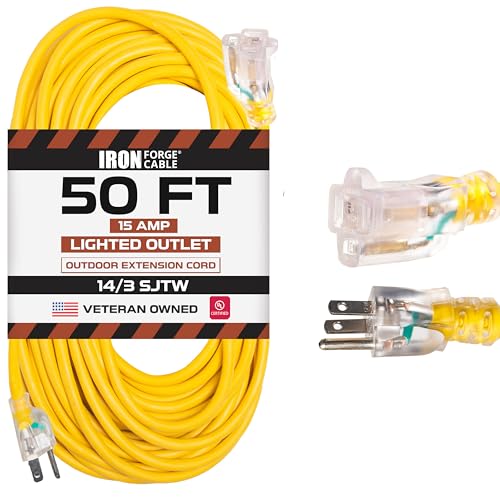 Iron Forge Cable Lighted Outdoor Extension Cord 50 ft - 14 Gauge 15 Amp Heavy Duty Power Extension Cords - SJTW - Great for Major Appliances, Power Tools, Garden Supplies - Yellow