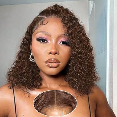 Image of Wear and Go Glueless Wigs Human Hair Pre Plucked Pre Cut Chocolate Brown Lace Front Wigs for Black Women 180 Density Water Wave Bob Wig Human Hair Colored Curly Wig (Chocolate Brown Color, 14 Inch)