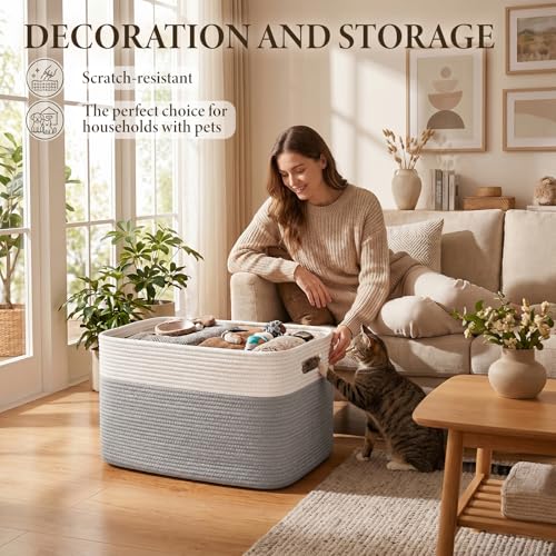 SIXDOVE 75L Large Cotton Rope Basket, Soft Toy Storage Bin for Nursery & Living Room, Decorative Blanket Basket for Bedroom, Baby-Safe Organizer for Pillows &Laundry, 22''×17''×12'', Grey and White - Image 7